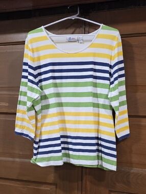 Denim&Co Women's Striped 3/4 Sleeve Scoop Neck Tee - Yellow, Blue & Green